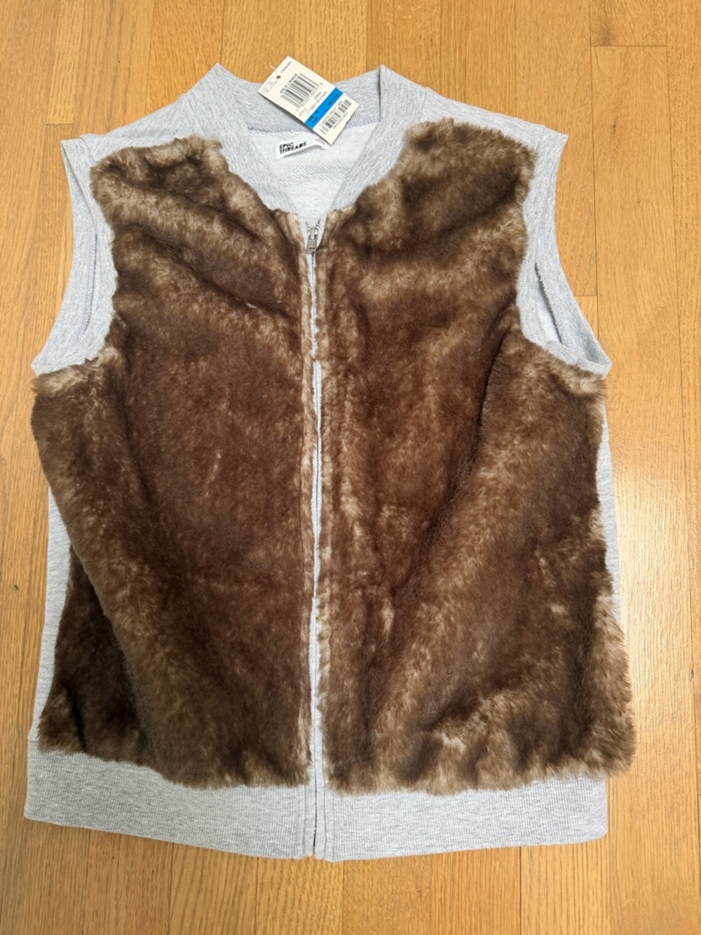 BNWT Epic Threads Brown Faux Fur Front Vest with Gray Knit Sides